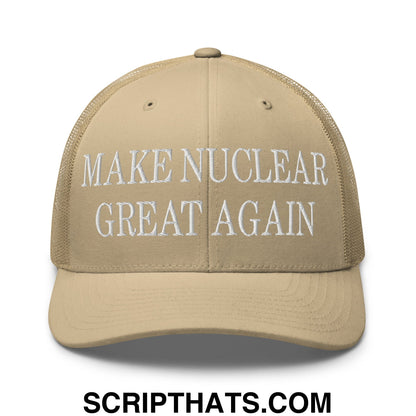 Beige mesh trucker hat with white embroidered make nuclear great again text on front panel