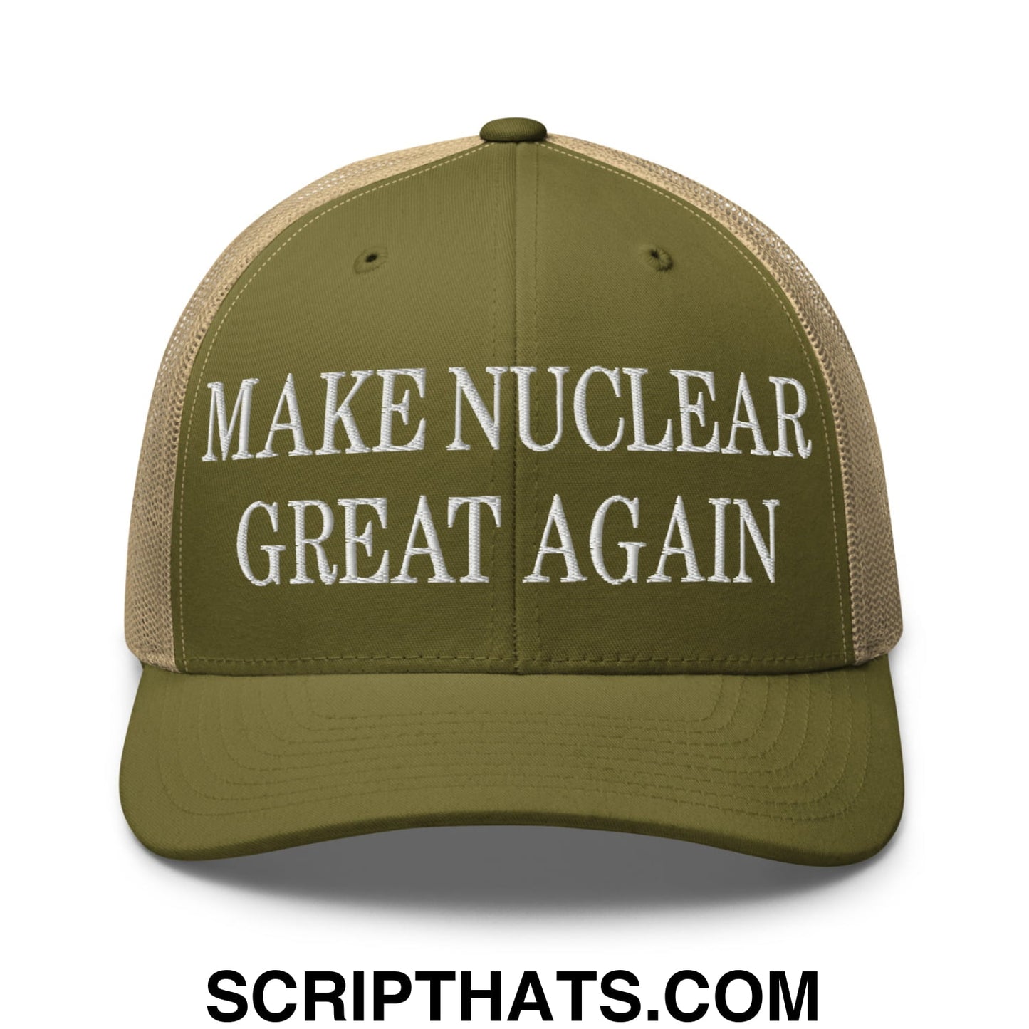 Olive green and beige mesh trucker hat with white embroidered text reading make nuclear great again