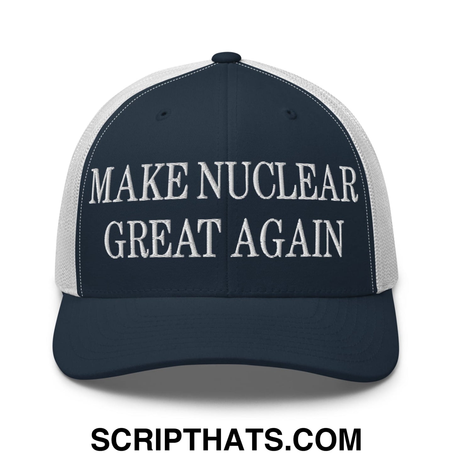 Navy blue and white mesh trucker hat with embroidered make nuclear great again text in bold uppercase font