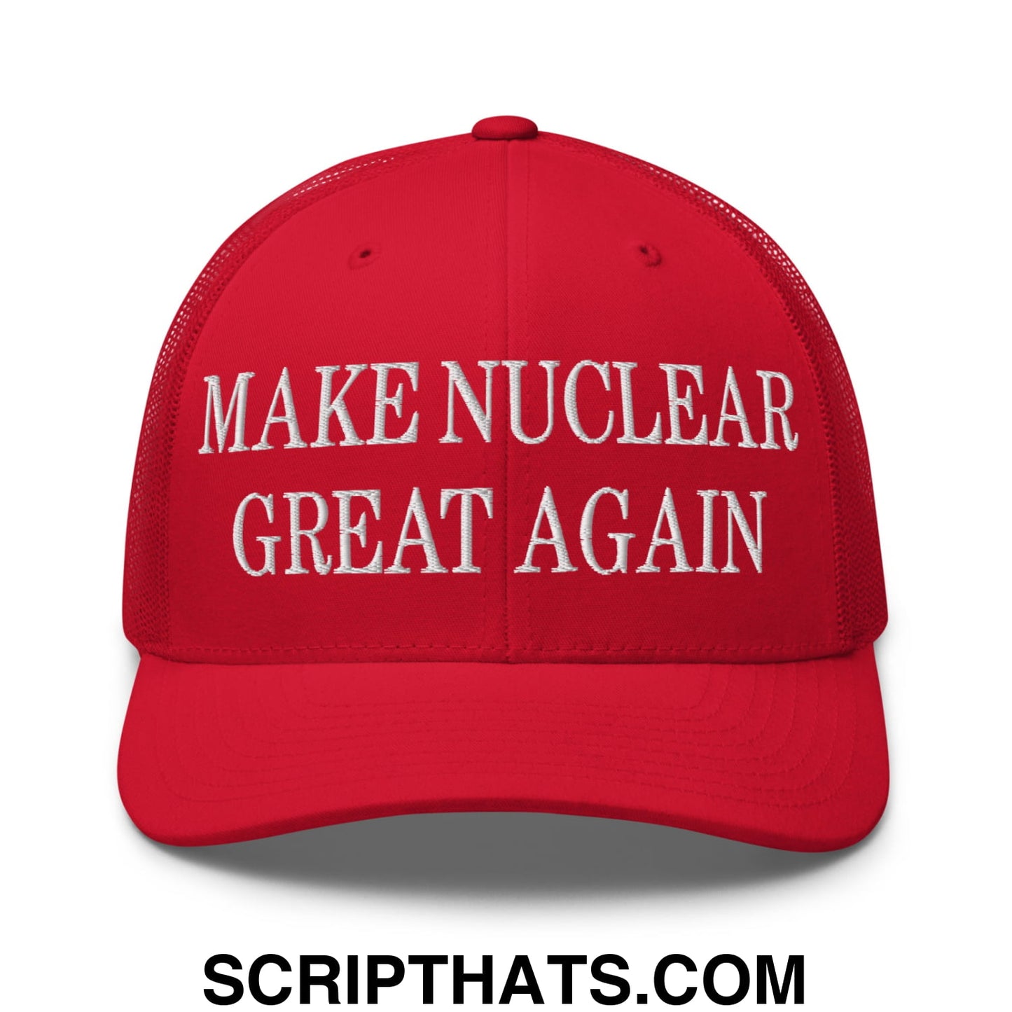 Red embroidered mesh trucker hat with white make nuclear great again text on front panel