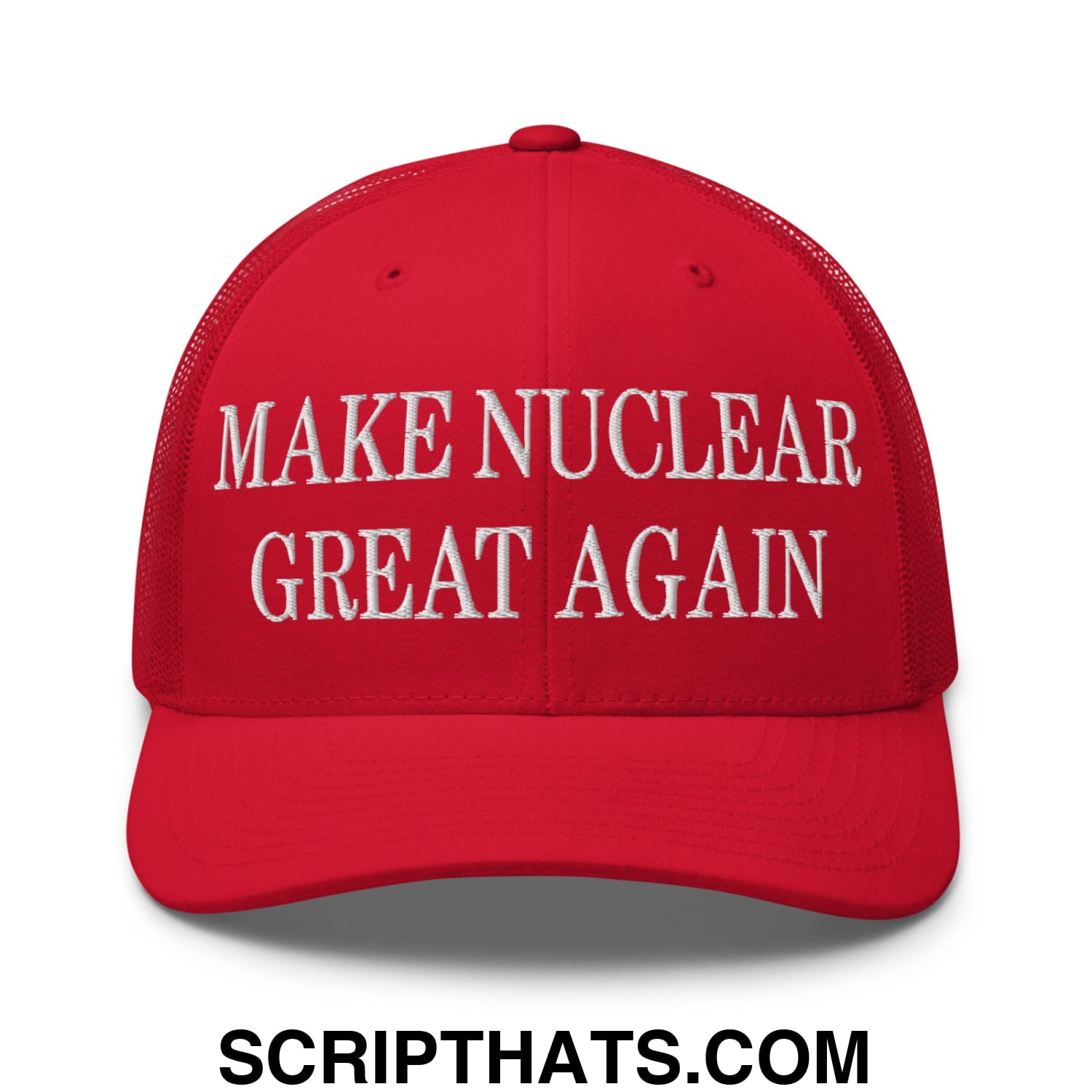 Red embroidered mesh trucker hat with white make nuclear great again text on front panel