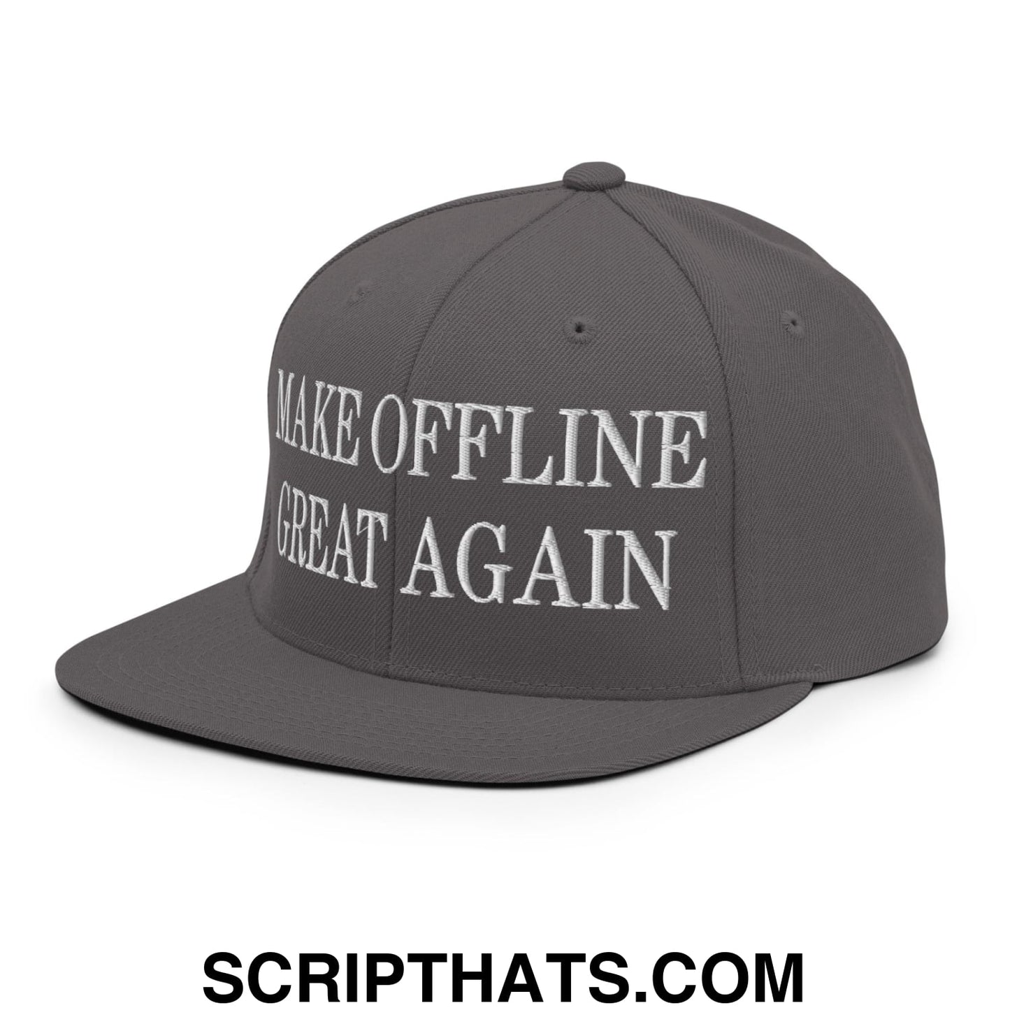 Gray snapback cap with white embroidered text make offline great again on flat bill brim for casual wear