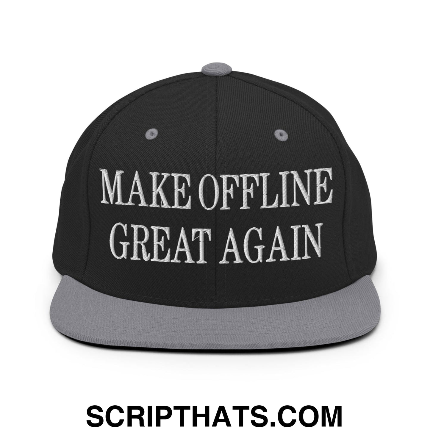 Black snapback hat with gray brim and white embroidered text make offline great again flat bill brim snapback hat