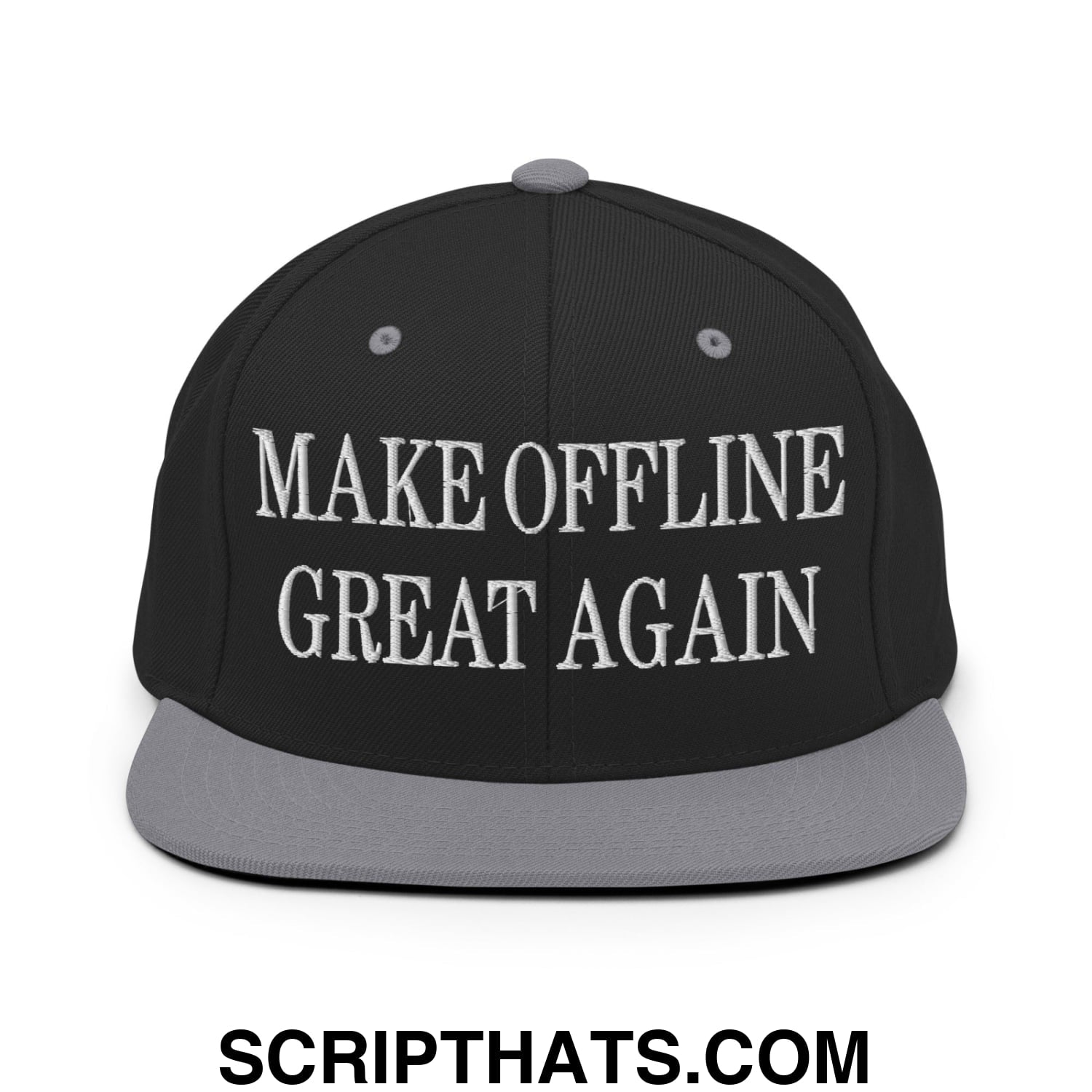 Black snapback hat with gray brim and white embroidered text make offline great again flat bill brim snapback hat