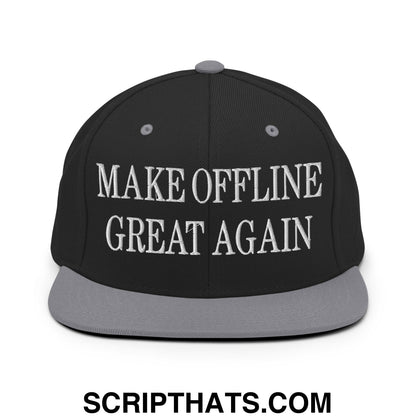 Black snapback hat with gray brim and white embroidered text make offline great again flat bill brim snapback hat