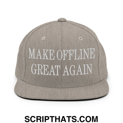 Gray flat bill snapback hat with white embroidered text reading make offline great again in a casual style