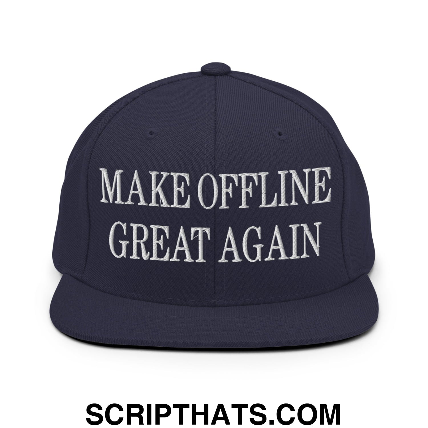 Navy blue snapback hat with white embroidered text make offline great again and flat bill brim design