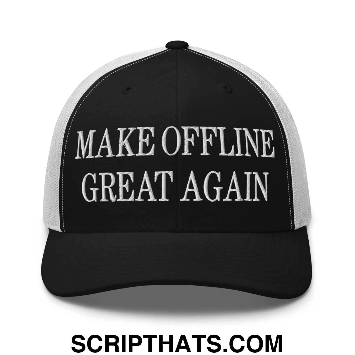Black and white mesh trucker hat with embroidered make offline great again text in bold uppercase font