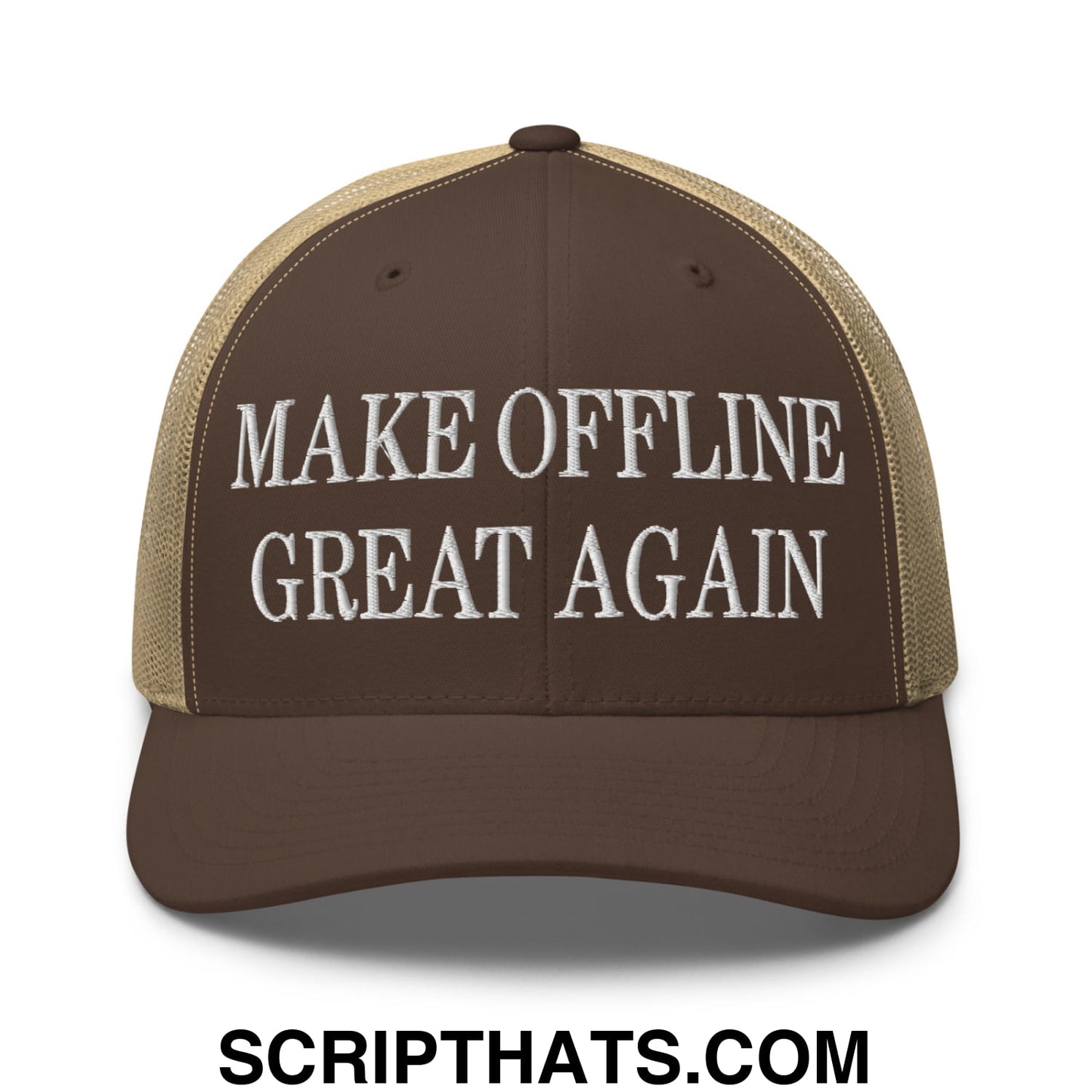 Brown and tan mesh trucker hat with white embroidered make offline great again text front view