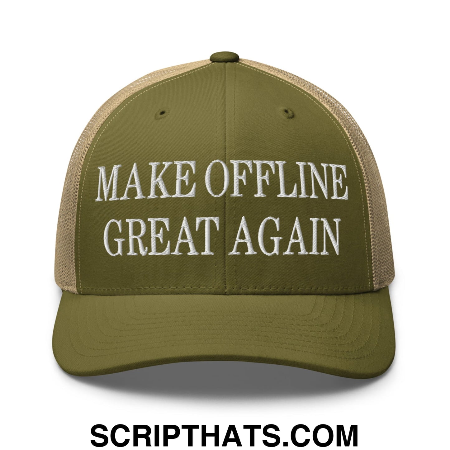 Olive green and beige mesh trucker hat with white embroidered text make offline great again