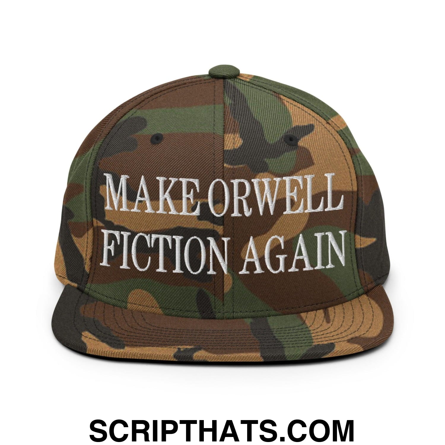 Make Orwell Fiction Again Embroidered Flat Bill Brim Snapback Hat Green Camo