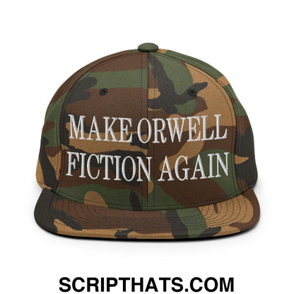 Make Orwell Fiction Again Embroidered Flat Bill Brim Snapback Hat Green Camo
