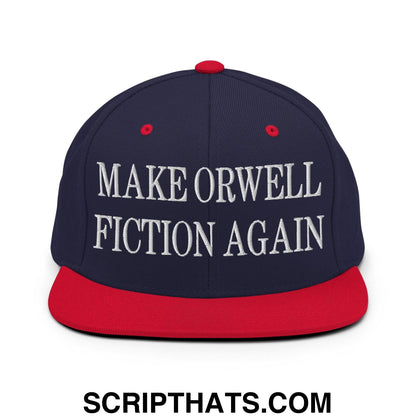 Make Orwell Fiction Again Embroidered Flat Bill Brim Snapback Hat Navy Red