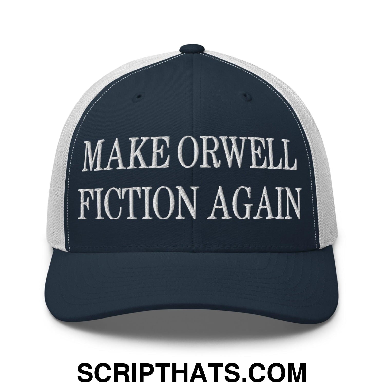 Make Orwell Fiction Again Embroidered Mesh Trucker Hat Navy White