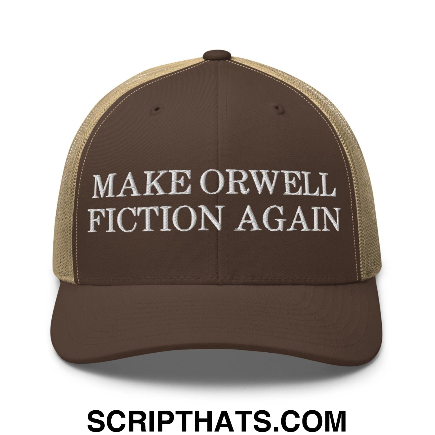 Make Orwell Fiction Again Retro Trucker Hat Brown Khaki