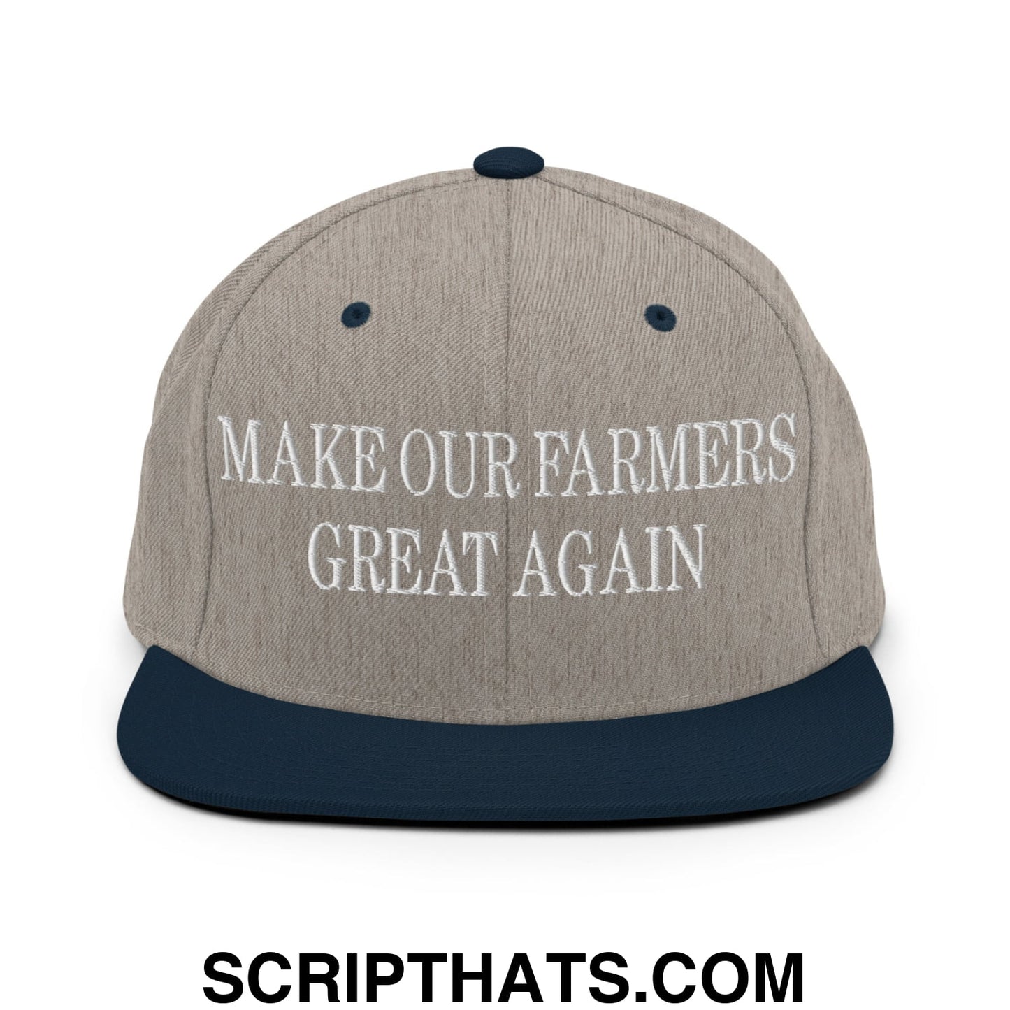 Make Our Farmers Great Again Embroidered Flat Bill Brim Snapback Hat Heather Grey Navy