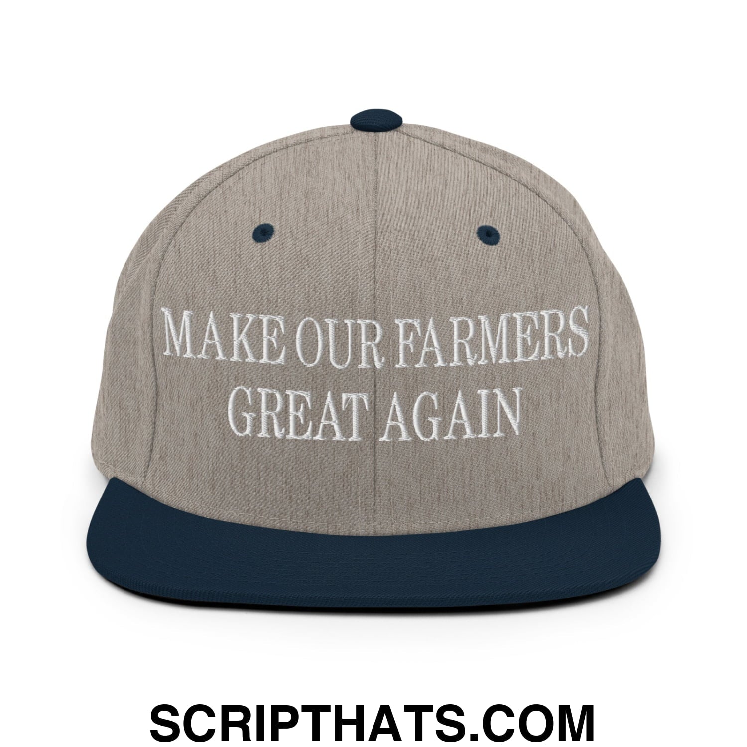Make Our Farmers Great Again Embroidered Flat Bill Brim Snapback Hat Heather Grey Navy