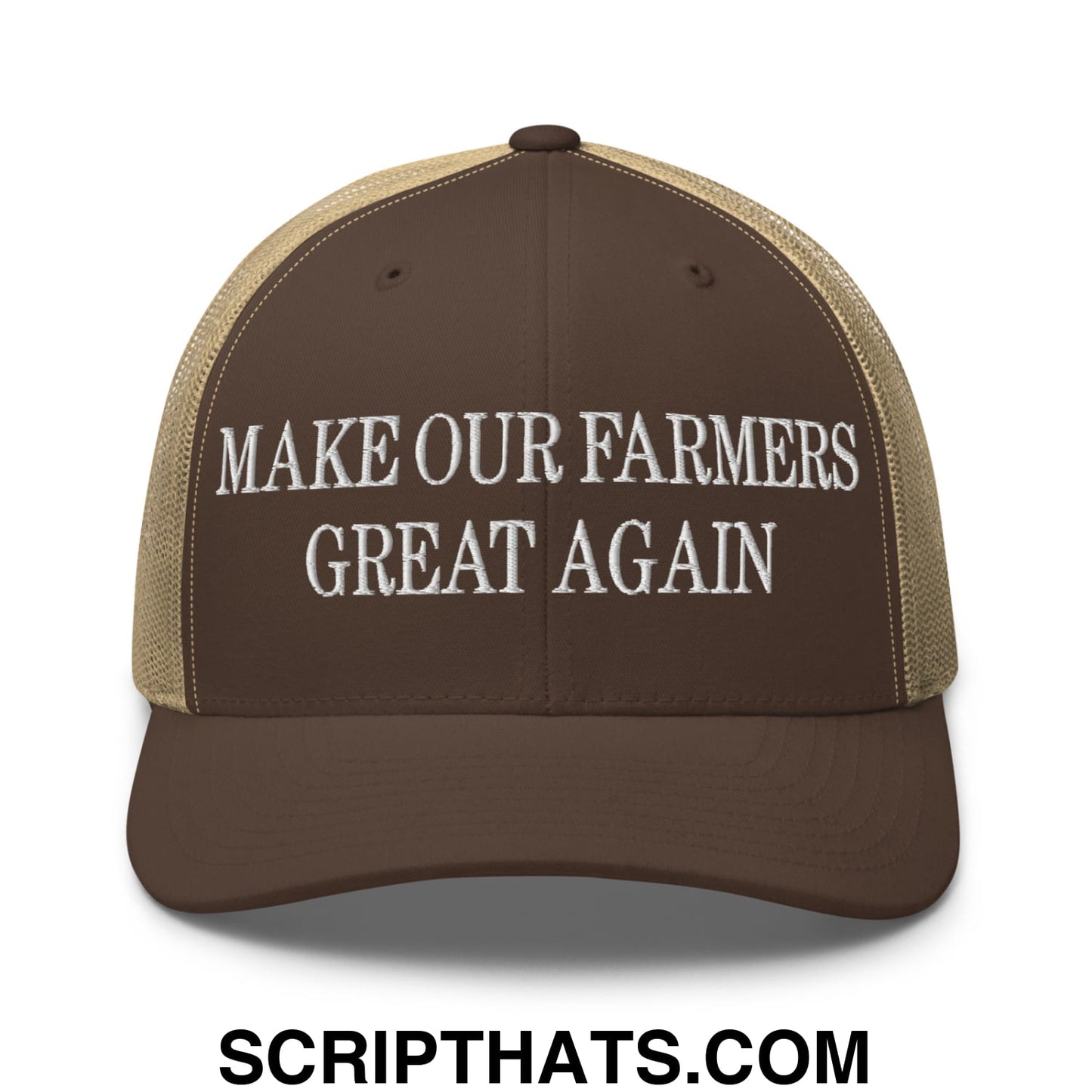 Make Our Farmers Great Again Embroidered Mesh Trucker Hat Brown Khaki