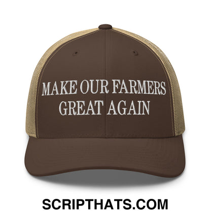 Make Our Farmers Great Again Embroidered Mesh Trucker Hat Brown Khaki