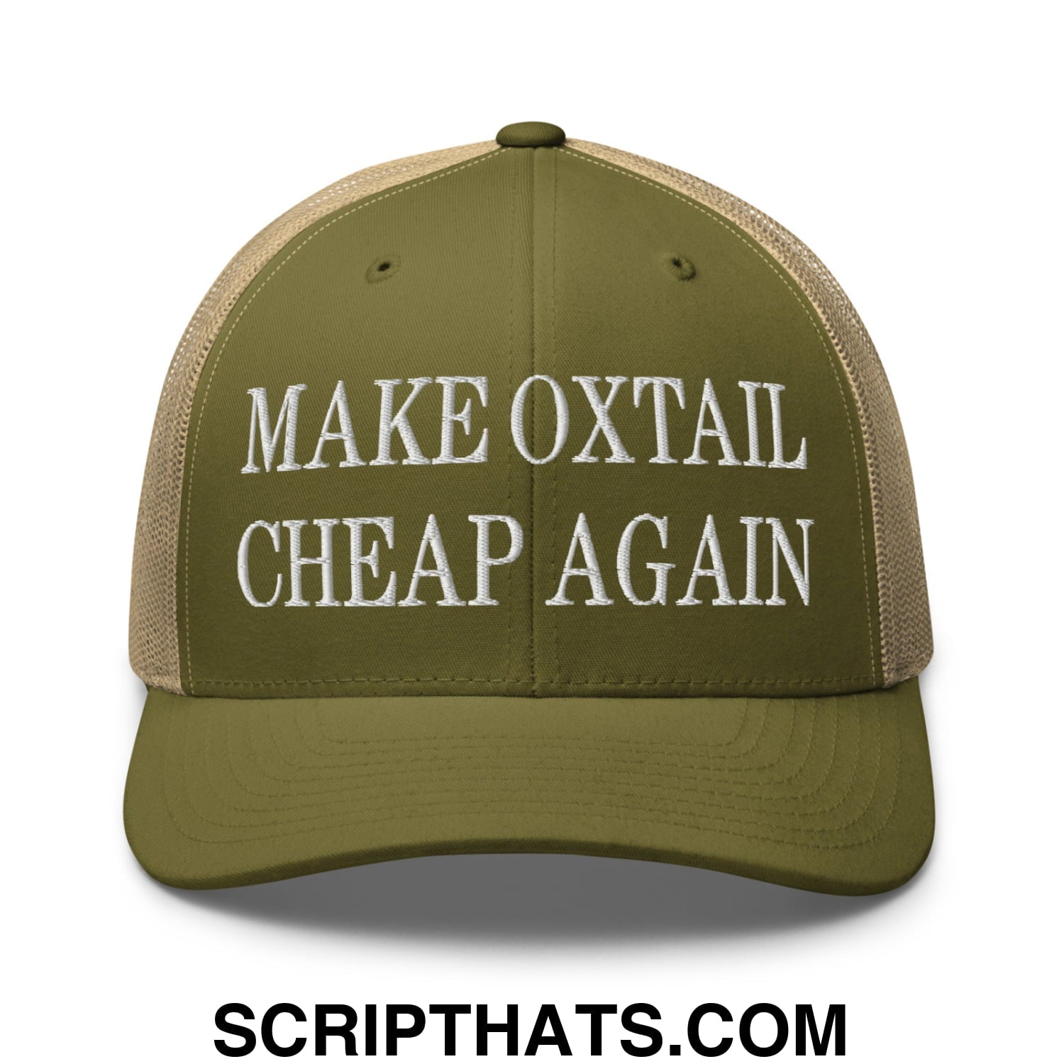 Make Oxtail Cheap Again Embroidered Mesh Trucker Hat Moss Khaki