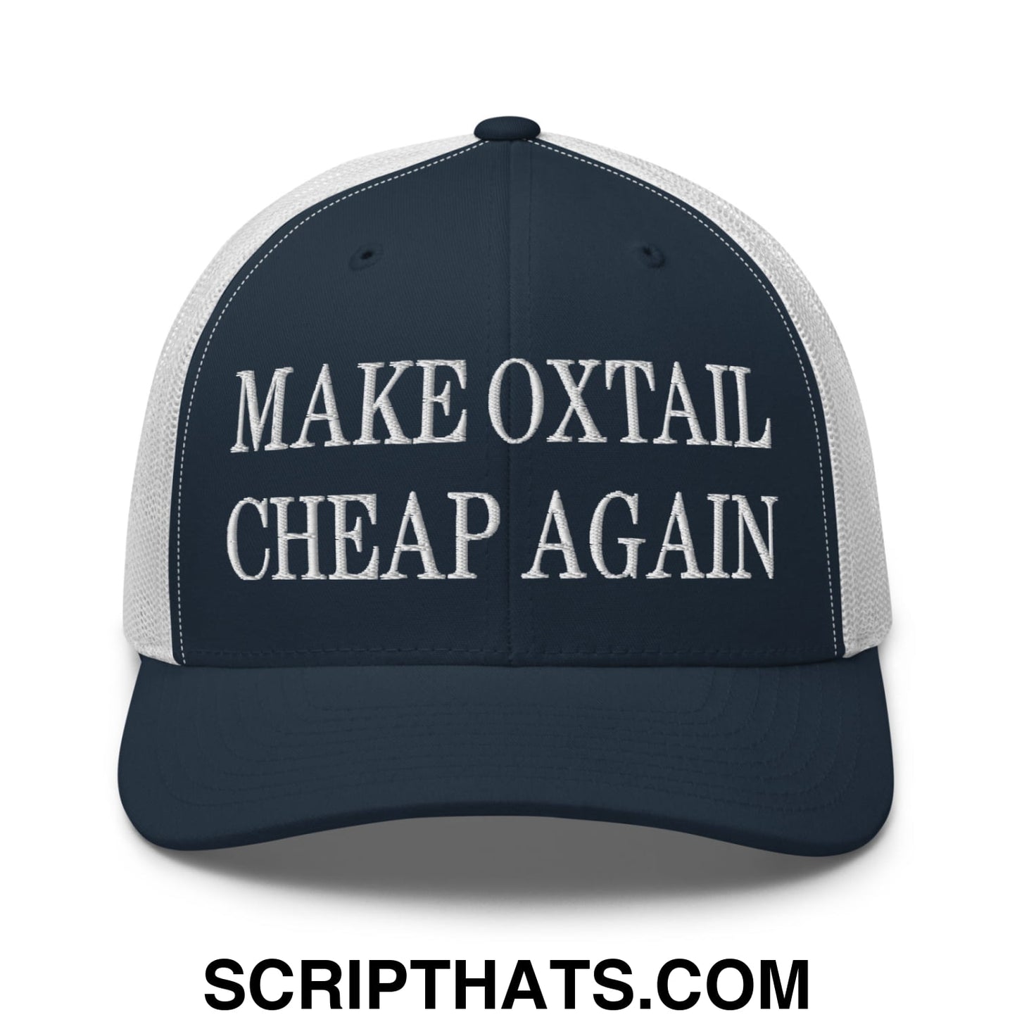 Make Oxtail Cheap Again Embroidered Mesh Trucker Hat Navy White