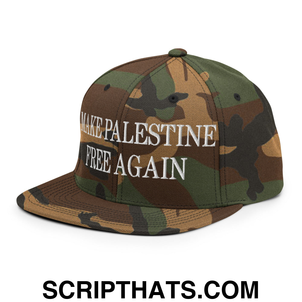 Make Palestine Free Again Embroidered Flat Bill Brim Snapback Hat Green Camo