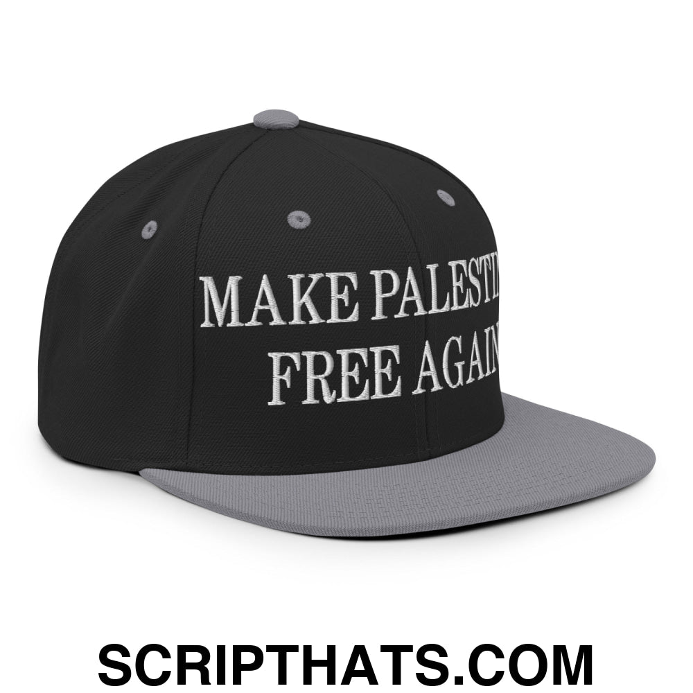 Make Palestine Free Again Embroidered Flat Bill Brim Snapback Hat Black Silver