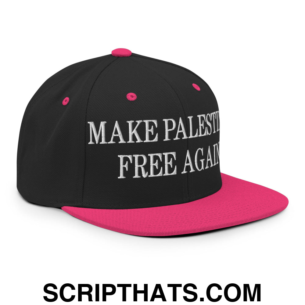 Make Palestine Free Again Embroidered Flat Bill Brim Snapback Hat Black Neon Pink