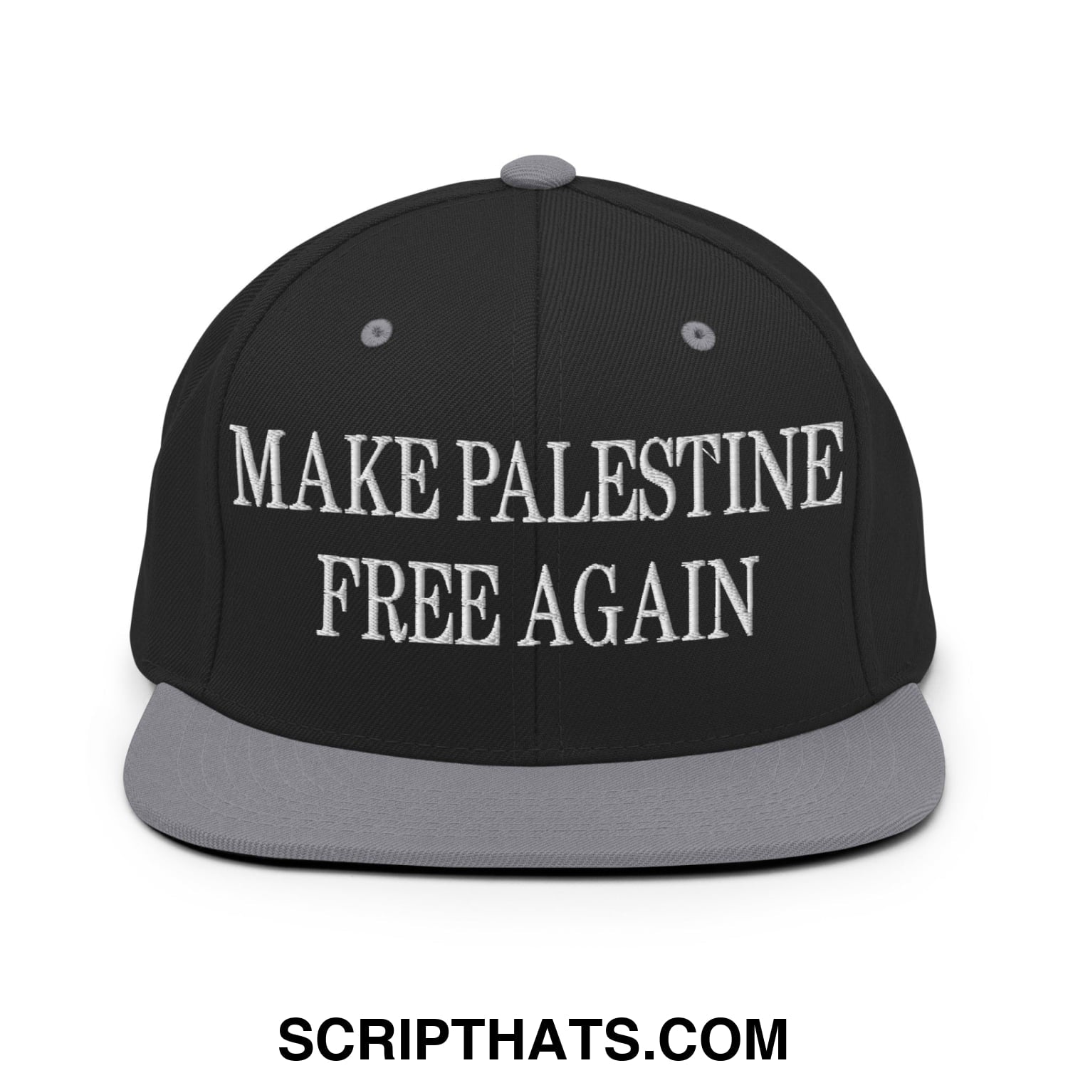 Make Palestine Free Again Embroidered Flat Bill Brim Snapback Hat Black Silver