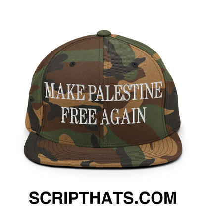 Make Palestine Free Again Embroidered Flat Bill Brim Snapback Hat Green Camo