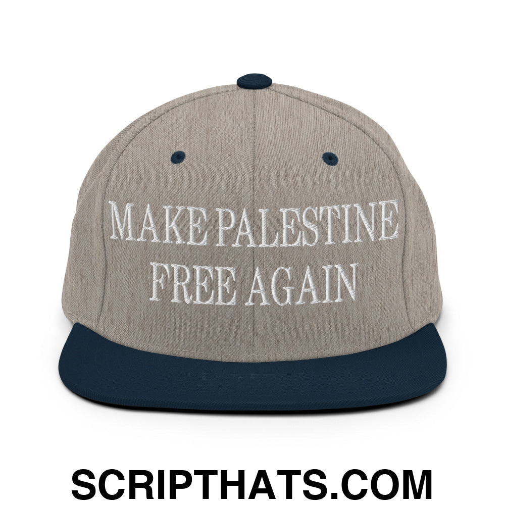 Make Palestine Free Again Embroidered Flat Bill Brim Snapback Hat Heather Grey Navy