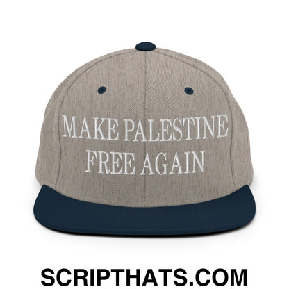 Make Palestine Free Again Embroidered Flat Bill Brim Snapback Hat Heather Grey Navy