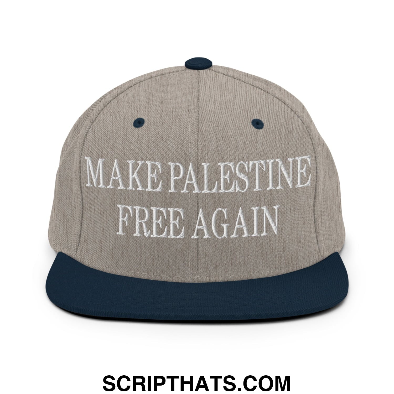 Make Palestine Free Again Embroidered Flat Bill Brim Snapback Hat Heather Grey Navy