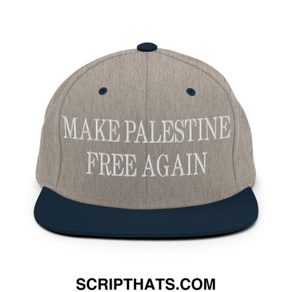 Make Palestine Free Again Embroidered Flat Bill Brim Snapback Hat Heather Grey Navy