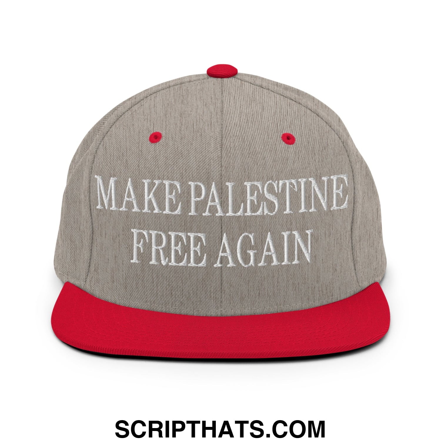 Make Palestine Free Again Embroidered Flat Bill Brim Snapback Hat Heather Grey Red