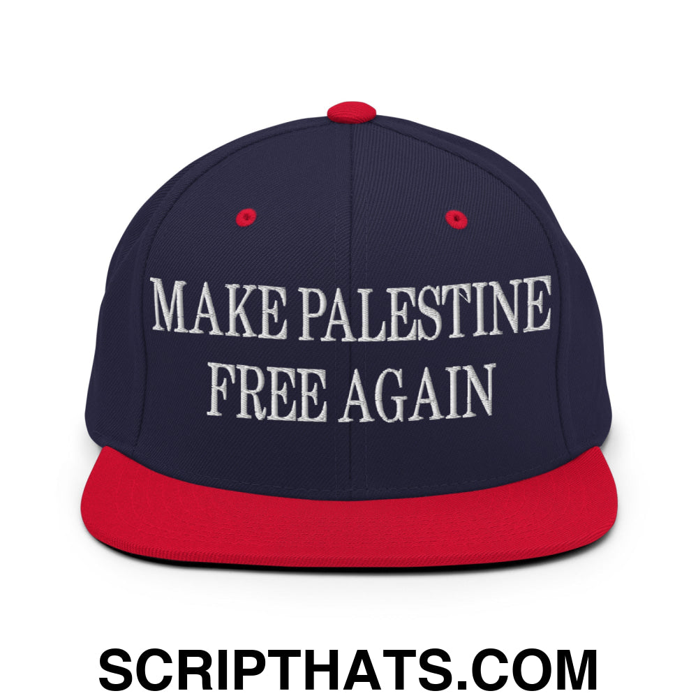Make Palestine Free Again Embroidered Flat Bill Brim Snapback Hat Navy Red