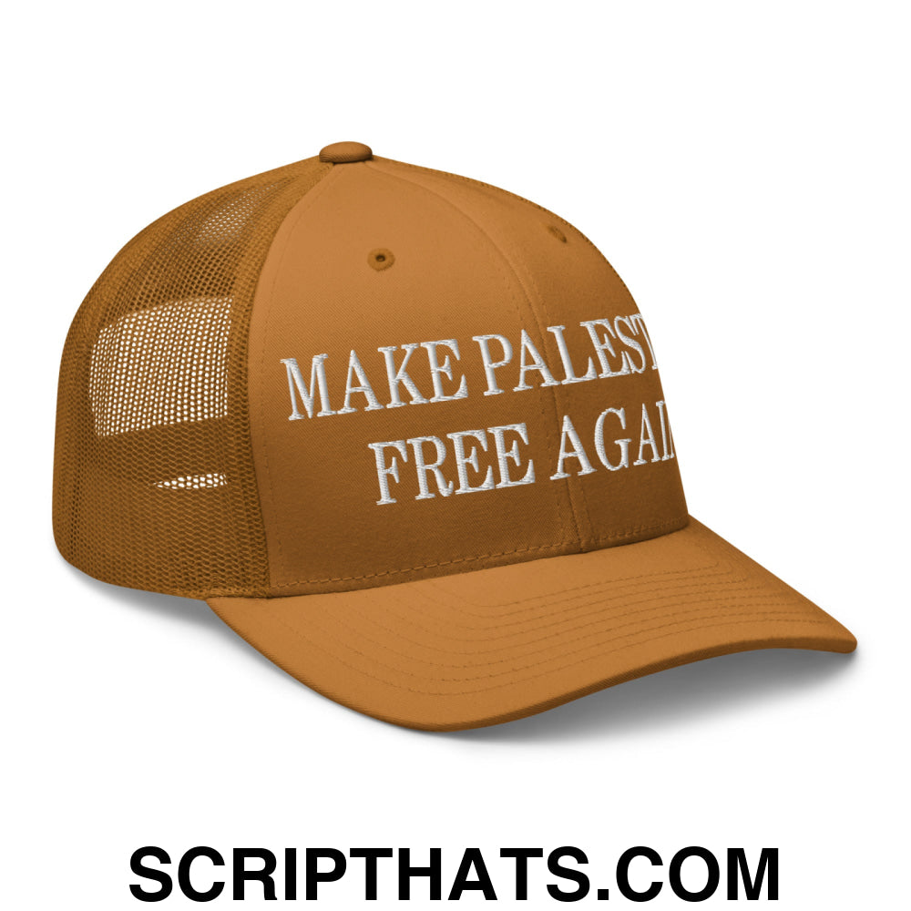 Make Palestine Free Again Embroidered Mesh Trucker Hat Caramel