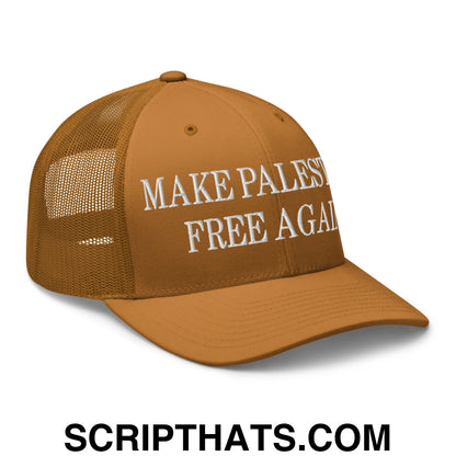 Make Palestine Free Again Embroidered Mesh Trucker Hat Caramel