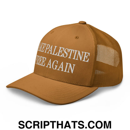 Make Palestine Free Again Embroidered Mesh Trucker Hat Caramel