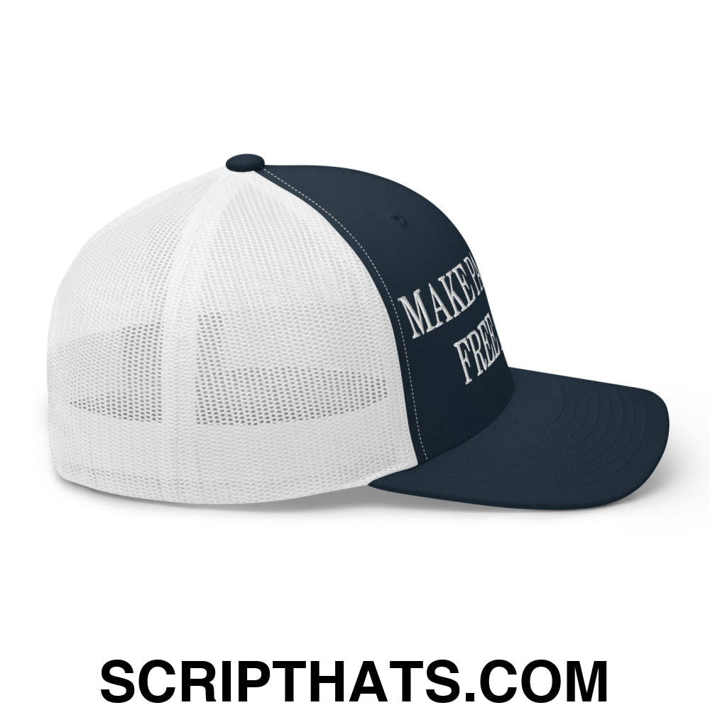 Make Palestine Free Again Embroidered Mesh Trucker Hat Navy White