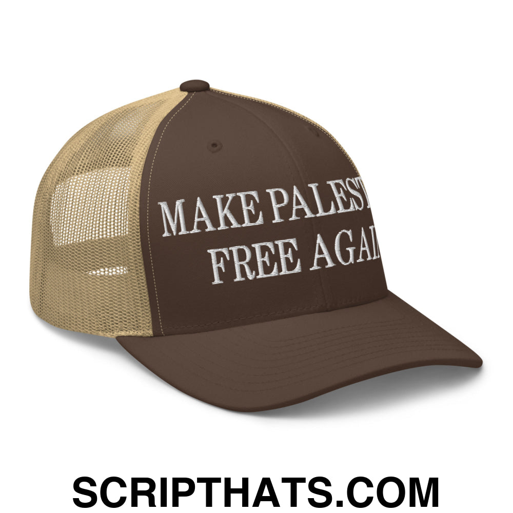 Make Palestine Free Again Embroidered Mesh Trucker Hat Brown Khaki