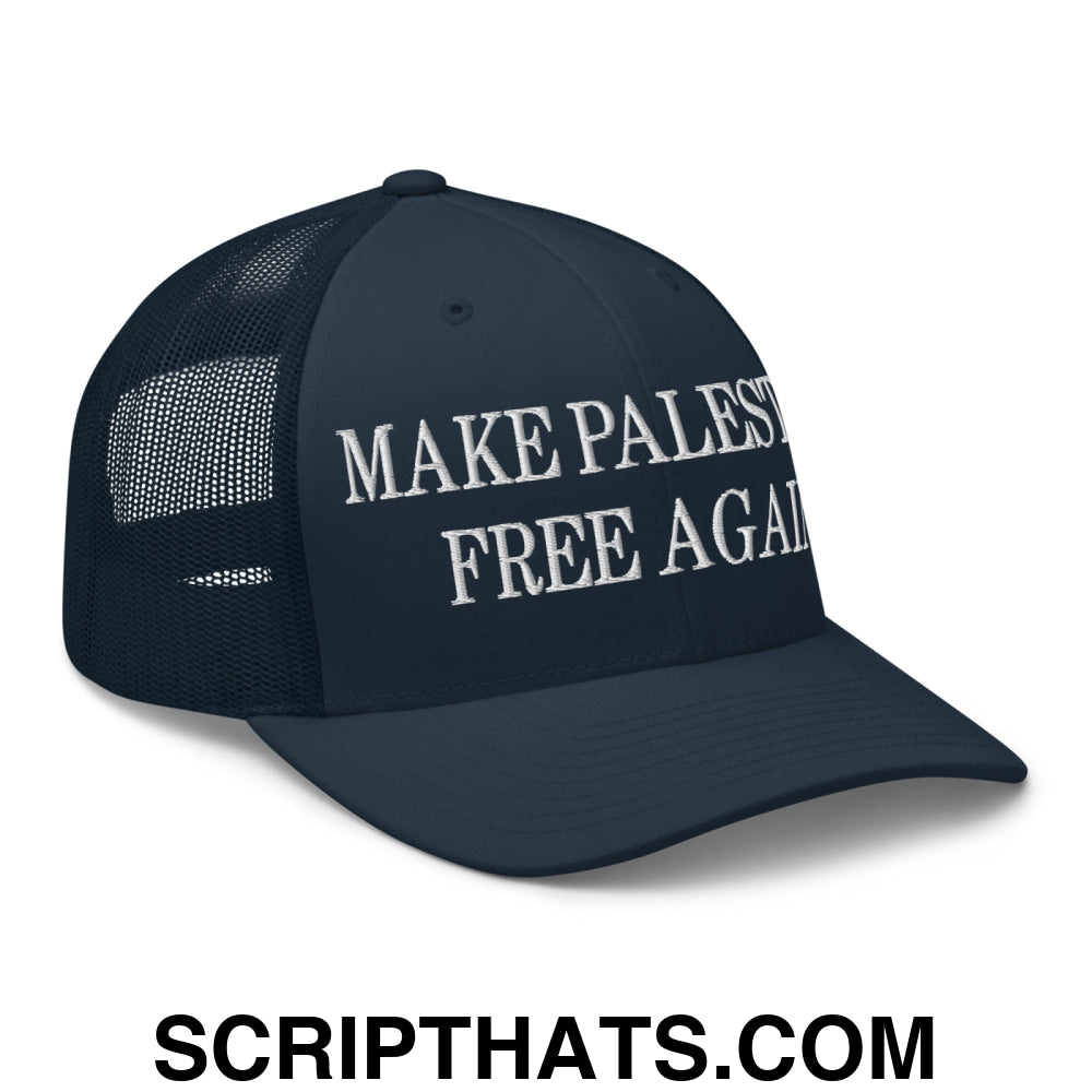 Make Palestine Free Again Embroidered Mesh Trucker Hat Navy
