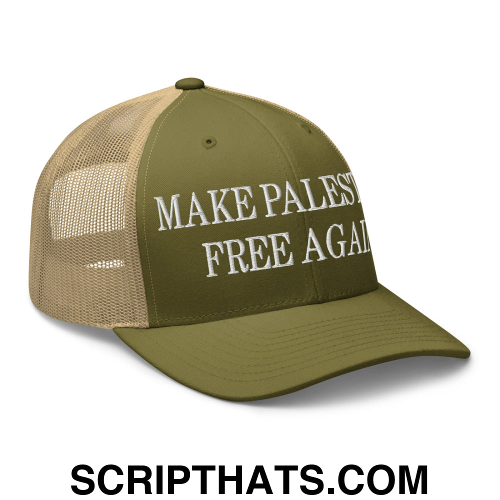 Make Palestine Free Again Embroidered Mesh Trucker Hat Moss Khaki