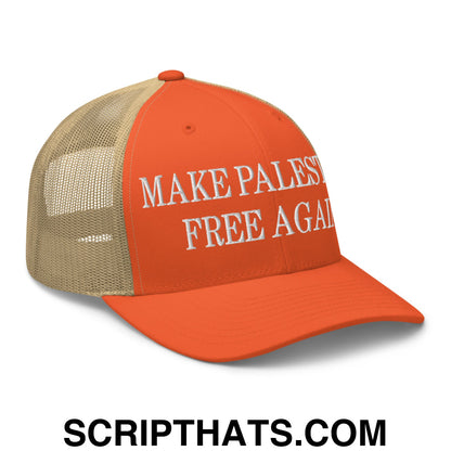 Make Palestine Free Again Embroidered Mesh Trucker Hat Rustic Orange Khaki