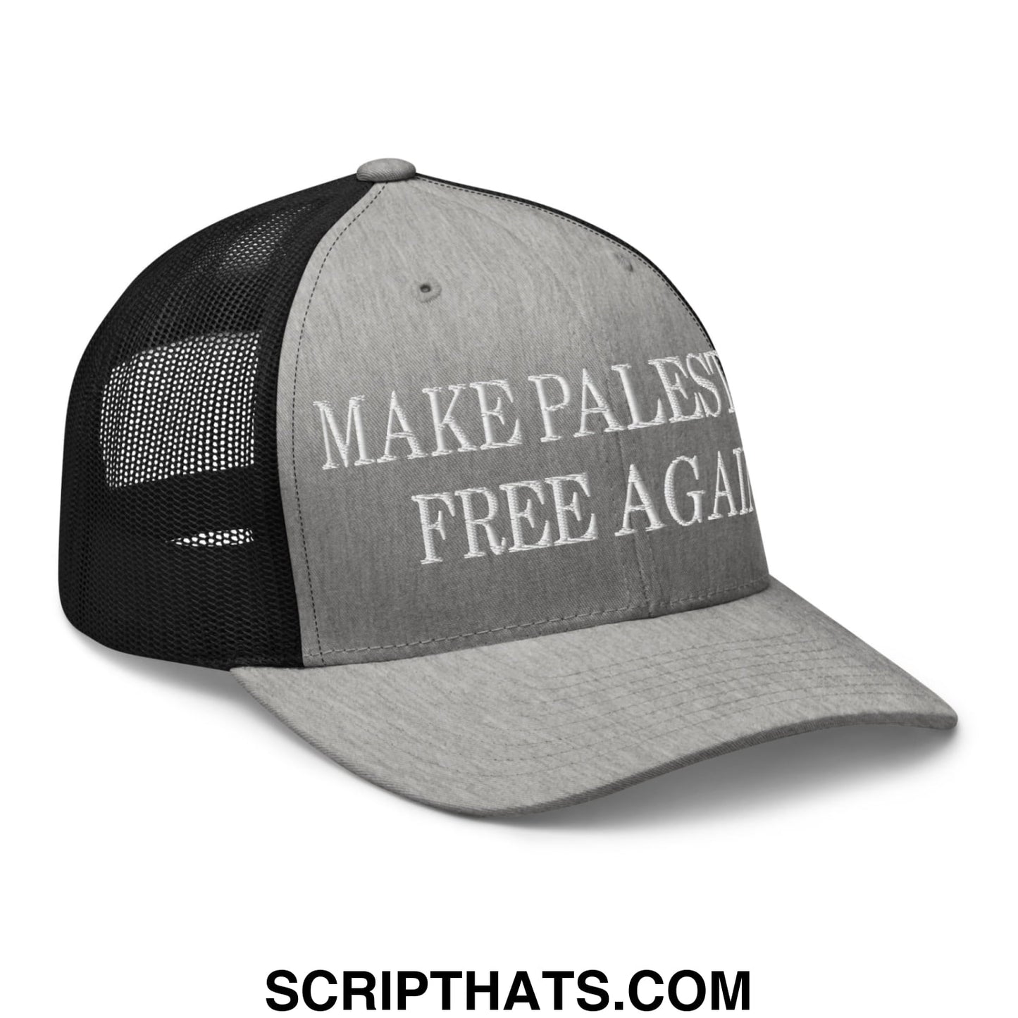 Gray and black mesh trucker hat with white embroidered make Palestine free again text on the front panel