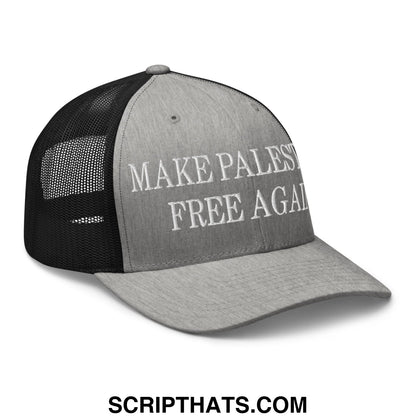 Gray and black mesh trucker hat with white embroidered make Palestine free again text on the front panel