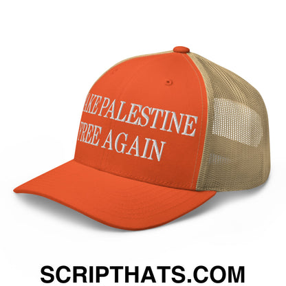 Make Palestine Free Again Embroidered Mesh Trucker Hat Rustic Orange Khaki