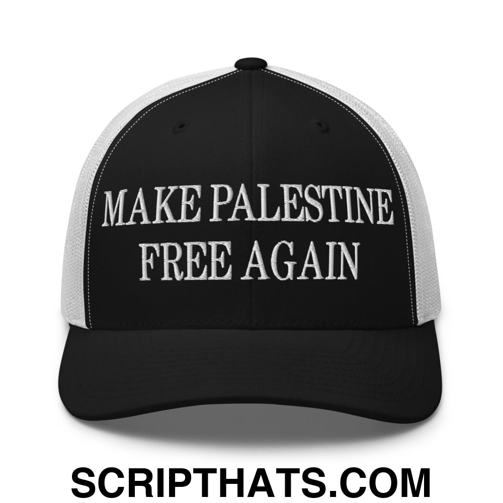 Make Palestine Free Again Embroidered Mesh Trucker Hat Black White