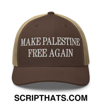 Make Palestine Free Again Embroidered Mesh Trucker Hat Brown Khaki