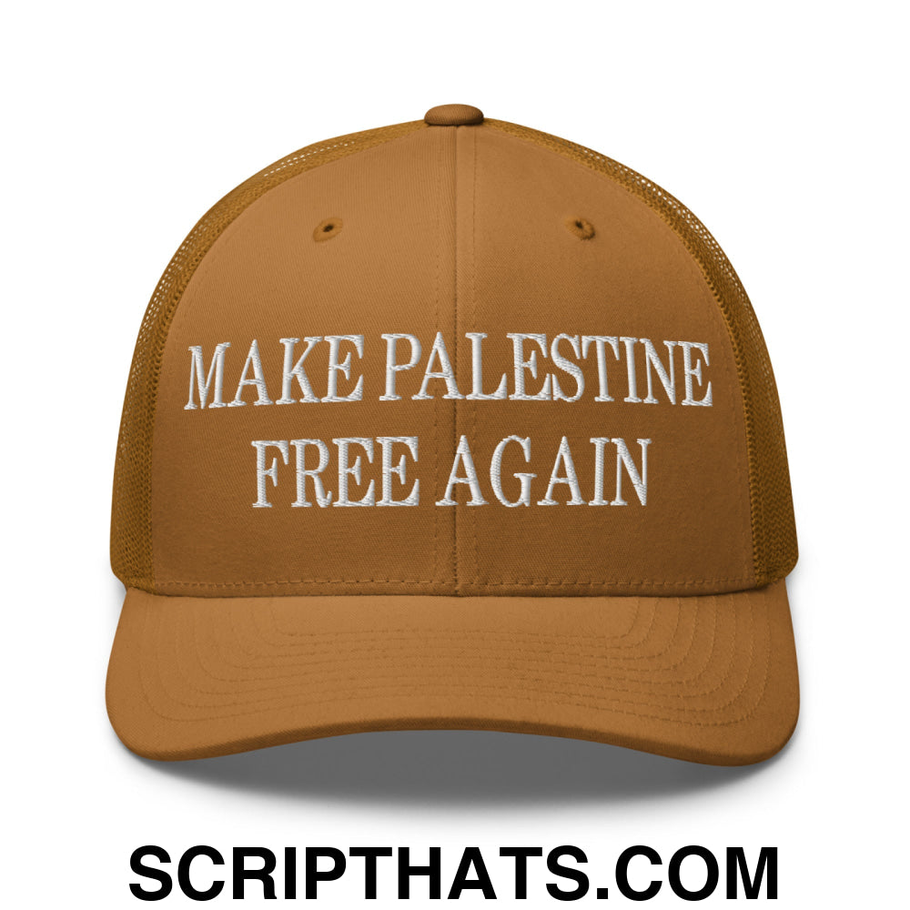 Make Palestine Free Again Embroidered Mesh Trucker Hat Caramel